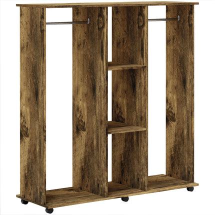 Open Wardrobe Double Mobile Storage Shelves Organizer with 6 Wheels - Rustic Brown