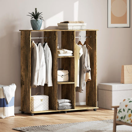 Open Wardrobe Double Mobile Storage Shelves Organizer with 6 Wheels - Rustic Brown