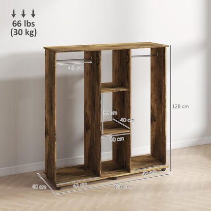 Open Wardrobe Double Mobile Storage Shelves Organizer with 6 Wheels - Rustic Brown