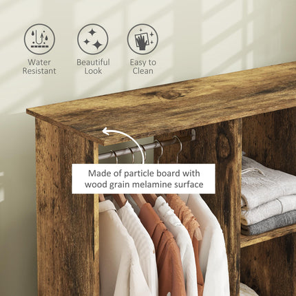 Open Wardrobe Double Mobile Storage Shelves Organizer with 6 Wheels - Rustic Brown