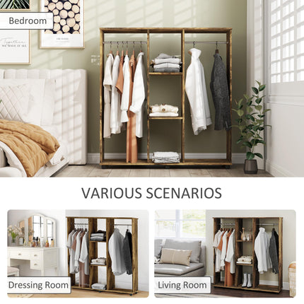 Open Wardrobe Double Mobile Storage Shelves Organizer with 6 Wheels - Rustic Brown