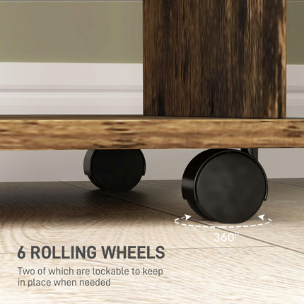 Open Wardrobe Double Mobile Storage Shelves Organizer with 6 Wheels - Rustic Brown