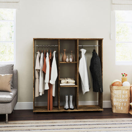 Open Wardrobe Double Mobile Storage Shelves Organizer with 6 Wheels - Rustic Brown