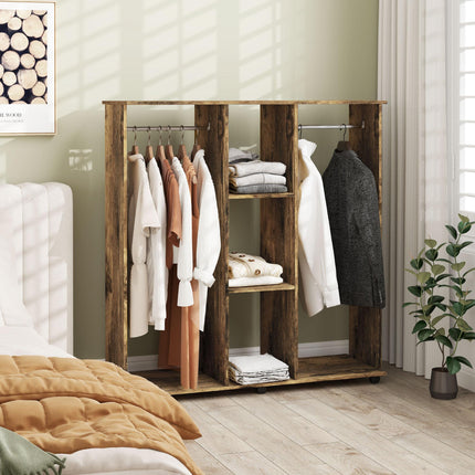 Open Wardrobe Double Mobile Storage Shelves Organizer with 6 Wheels - Rustic Brown