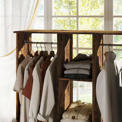 Open Wardrobe Double Mobile Storage Shelves Organizer with 6 Wheels - Rustic Brown