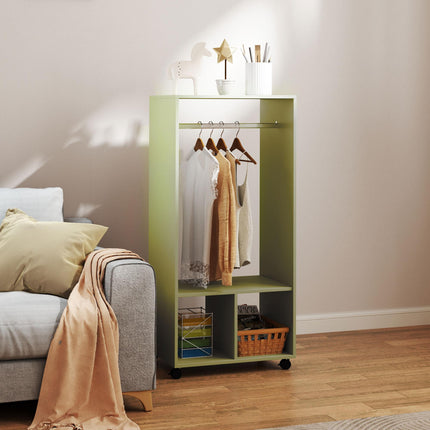Mobile Open Wardrobe with Hanging Rail and Storage Shelves on Wheels - Green