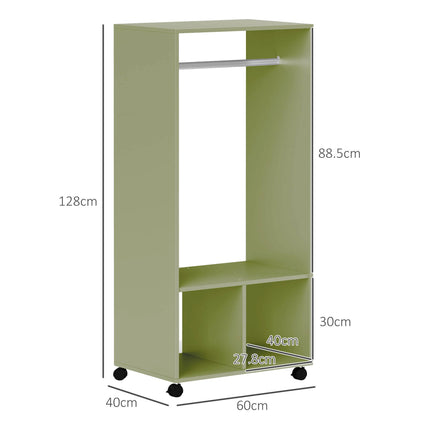 Mobile Open Wardrobe with Hanging Rail and Storage Shelves on Wheels - Green