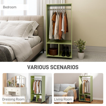 Mobile Open Wardrobe with Hanging Rail and Storage Shelves on Wheels - Green