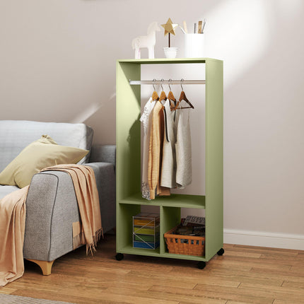Mobile Open Wardrobe with Hanging Rail and Storage Shelves on Wheels - Green