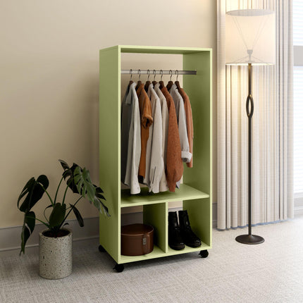 Mobile Open Wardrobe with Hanging Rail and Storage Shelves on Wheels - Green