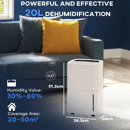 20L/Day Home Dehumidifier with 5L Tank, Continuous Drainage, 24H Timer & Digital Humidity Display - White