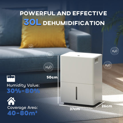 30L Dehumidifier for Clothes Drying with Timer and Filter - White
