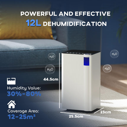 12L/Day Dehumidifier with 2L Tank, Continuous Drainage, Digital Display, Timer & Child Lock for Bedroom - White