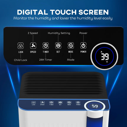 12L/Day Dehumidifier with 2L Tank, Continuous Drainage, Digital Display, Timer & Child Lock for Bedroom - White