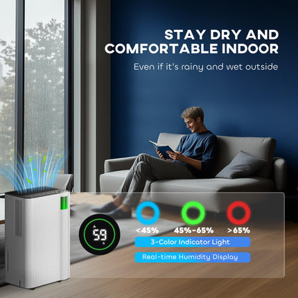 12L/Day Dehumidifier with 2L Tank, Continuous Drainage, Digital Display, Timer & Child Lock for Bedroom - White