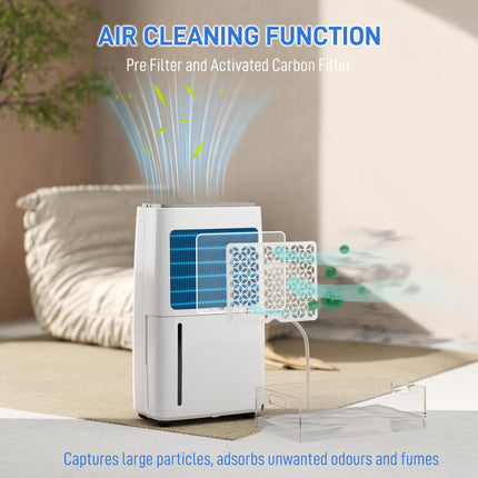 16L/Day Dehumidifier with Activated Carbon Filter, 5.5L Tank, Continuous Drainage, 24H Timer, Humidity Light - White