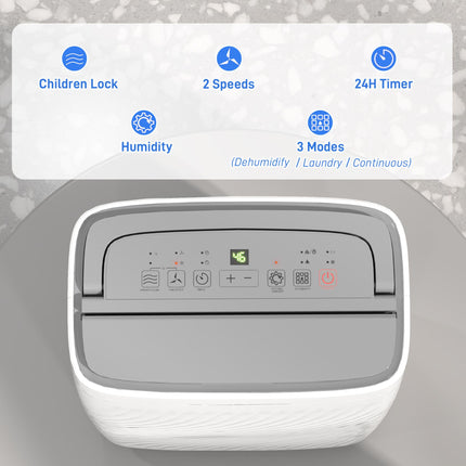 16L/Day Dehumidifier with Activated Carbon Filter, 5.5L Tank, Continuous Drainage, 24H Timer, Humidity Light - White