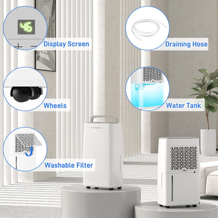 16L/Day Dehumidifier with Activated Carbon Filter, 5.5L Tank, Continuous Drainage, 24H Timer, Humidity Light - White