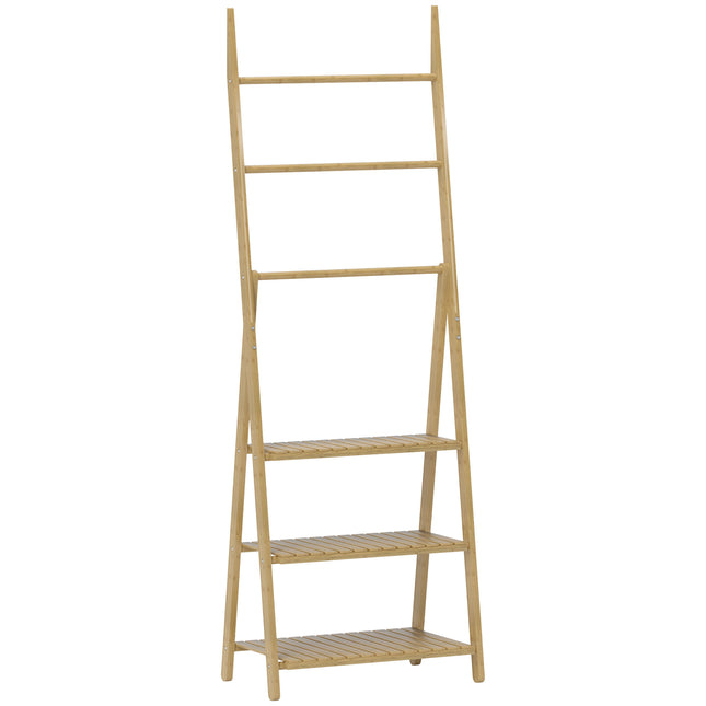 Three-Shelf Bamboo Bathroom Storage Unit with Towel Racks - Natural Finish
