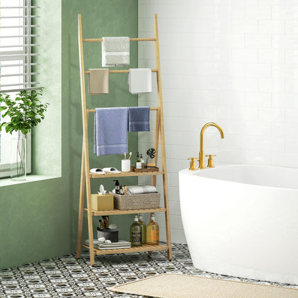 Three-Shelf Bamboo Bathroom Storage Unit with Towel Racks - Natural Finish