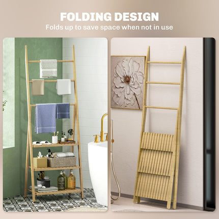 Three-Shelf Bamboo Bathroom Storage Unit with Towel Racks - Natural Finish