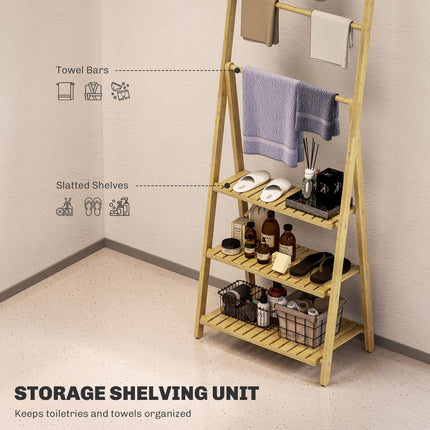 Three-Shelf Bamboo Bathroom Storage Unit with Towel Racks - Natural Finish