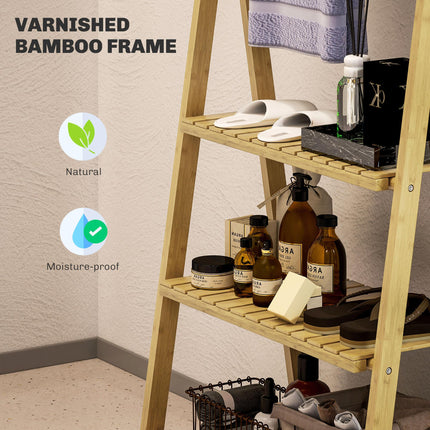 Three-Shelf Bamboo Bathroom Storage Unit with Towel Racks - Natural Finish