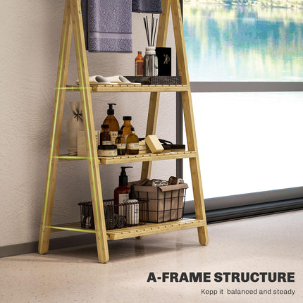 Three-Shelf Bamboo Bathroom Storage Unit with Towel Racks - Natural Finish