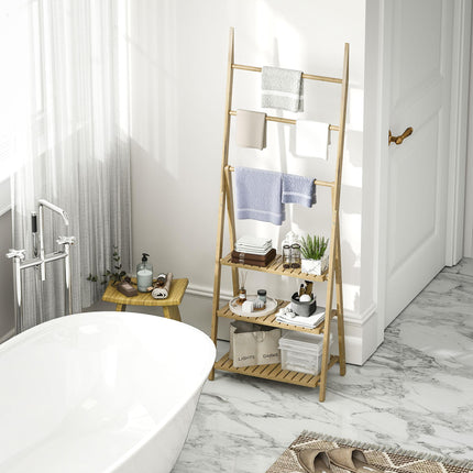Three-Shelf Bamboo Bathroom Storage Unit with Towel Racks - Natural Finish