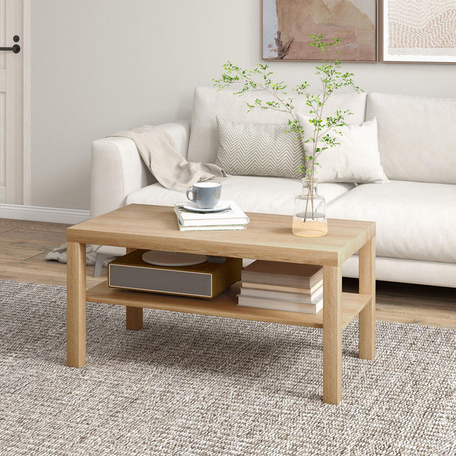 HOMCOM 2-Tier Coffee Table with Storage Shelf, Rectangular Centre Table for Living Room, Home Office, Natural Wood Finish