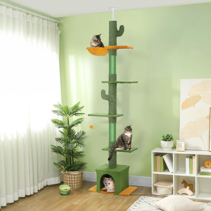 Adjustable 230-275cm Floor-to-Ceiling Cat Tree with Scratching Posts and Hammock - Green