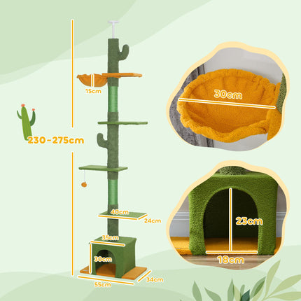 Adjustable 230-275cm Floor-to-Ceiling Cat Tree with Scratching Posts and Hammock - Green