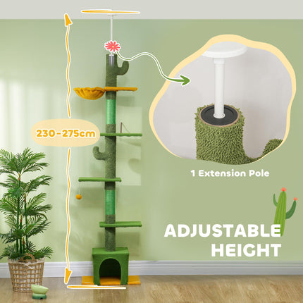 Adjustable 230-275cm Floor-to-Ceiling Cat Tree with Scratching Posts and Hammock - Green