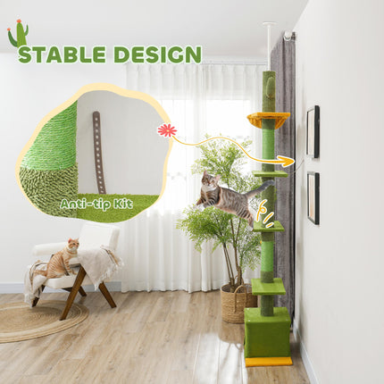 Adjustable 230-275cm Floor-to-Ceiling Cat Tree with Scratching Posts and Hammock - Green
