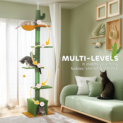 Adjustable 230-275cm Floor-to-Ceiling Cat Tree with Scratching Posts and Hammock - Green