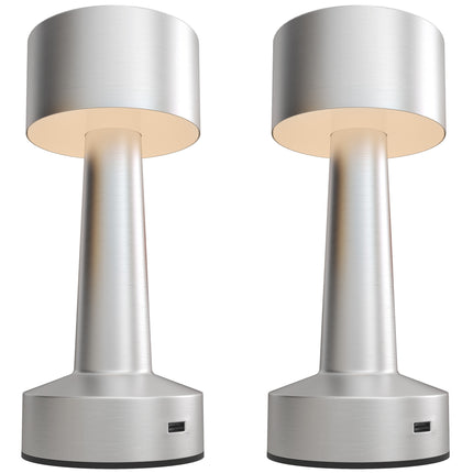 2 Pack Cordless Touch LED Table Lamps with Rechargeable Battery, 3 Colour Modes - Silver