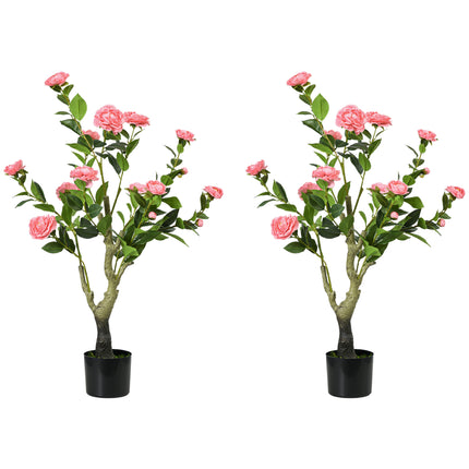 2 Pieces Decorative Artificial Plants Camellia Flower with Pot, Fake Plant for H