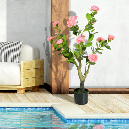 2 Pieces Decorative Artificial Plants Camellia Flower with Pot, Fake Plant for H