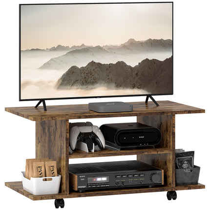 Modern TV Cabinet Stand with Storage Shelves and Castor Wheels - Rustic Brown