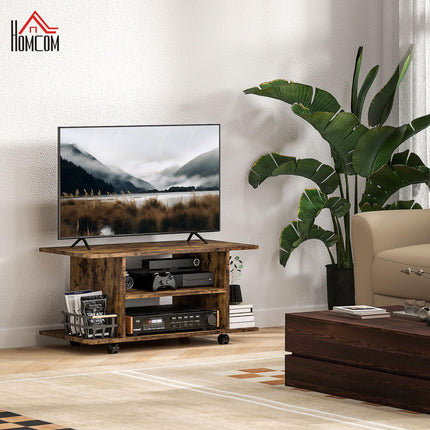Modern TV Cabinet Stand with Storage Shelves and Castor Wheels - Rustic Brown