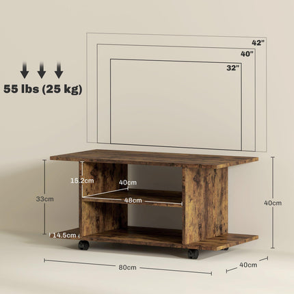 Modern TV Cabinet Stand with Storage Shelves and Castor Wheels - Rustic Brown
