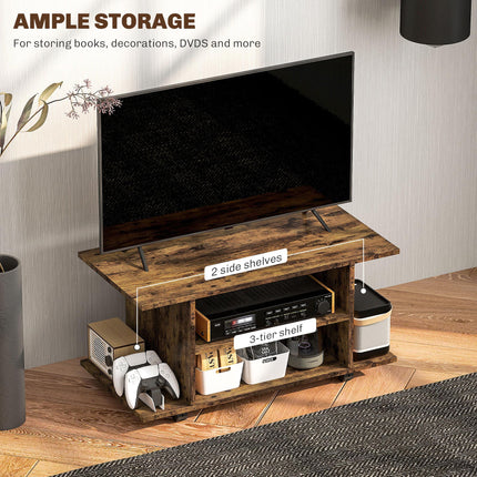 Modern TV Cabinet Stand with Storage Shelves and Castor Wheels - Rustic Brown