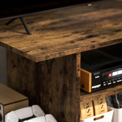 Modern TV Cabinet Stand with Storage Shelves and Castor Wheels - Rustic Brown