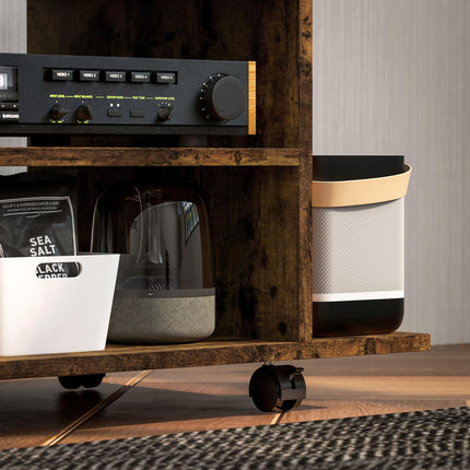 Modern TV Cabinet Stand with Storage Shelves and Castor Wheels - Rustic Brown