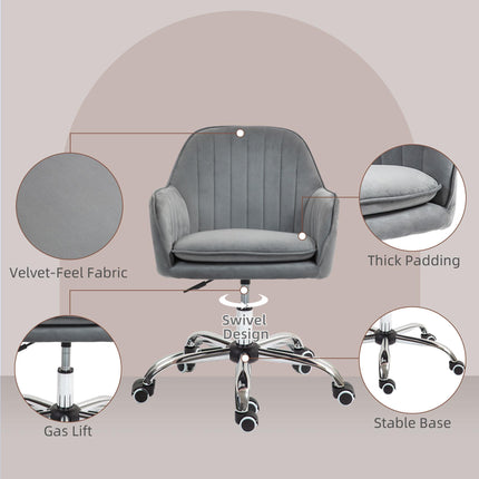 Velvet-Feel Swivel Office Desk Chair with Adjustable Height and Wheels - Grey