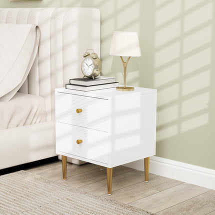Two-Drawer Bedside Table with Gold-Tone Handles and Legs - White