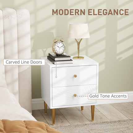 Two-Drawer Bedside Table with Gold-Tone Handles and Legs - White