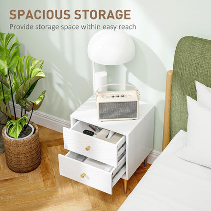 Two-Drawer Bedside Table with Gold-Tone Handles and Legs - White