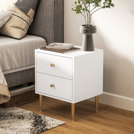 Two-Drawer Bedside Table with Gold-Tone Handles and Legs - White