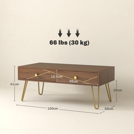 Rectangular Coffee Table with Storage Drawers 100x50x41 cm Steel Base - Brown